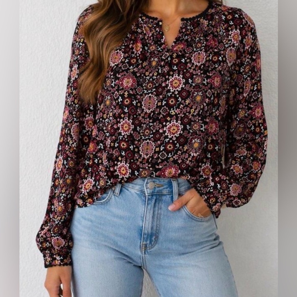 LOFT LONG SLEEVE BLACK EYELET TRIM FLORAL PRINT BLOUSE TOP SIZE SMALL